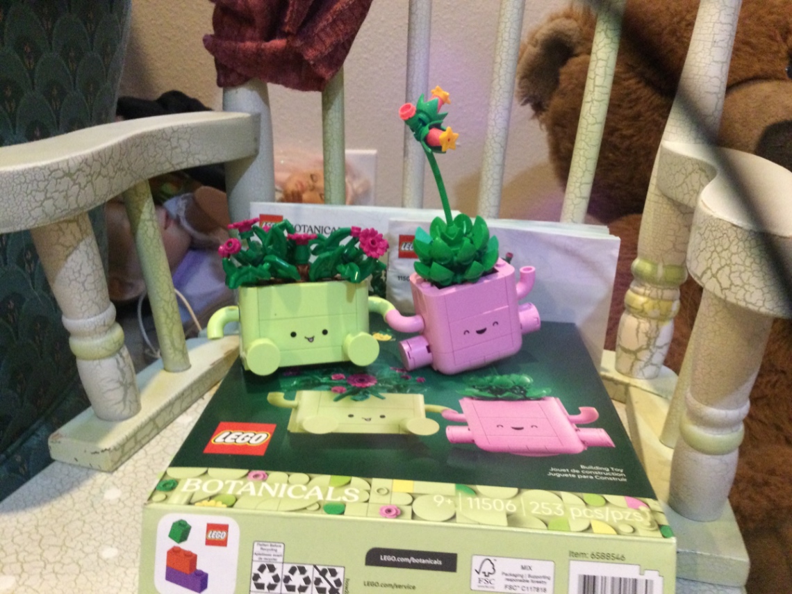 Green and pink Lego flower pots